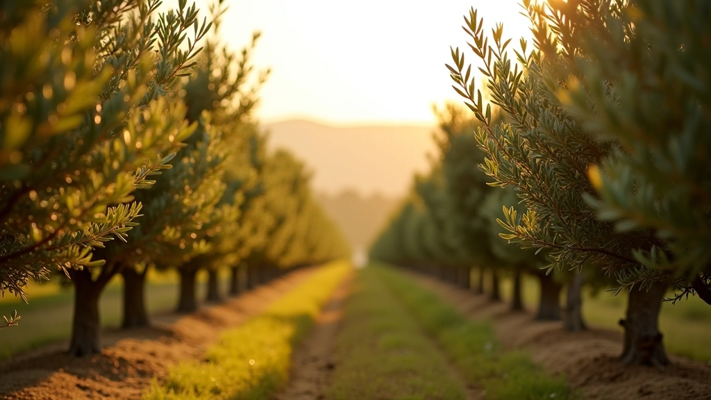 Campo de olivos moderno con sistema de cámaras integrado en máquinaria agrícola